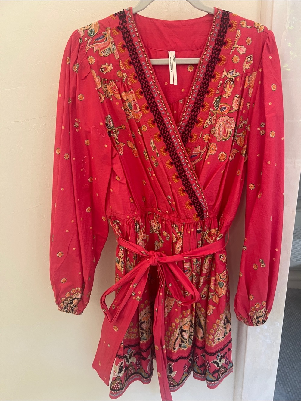 Anthropologie Coral Pink Embroidered V-Neck Dress